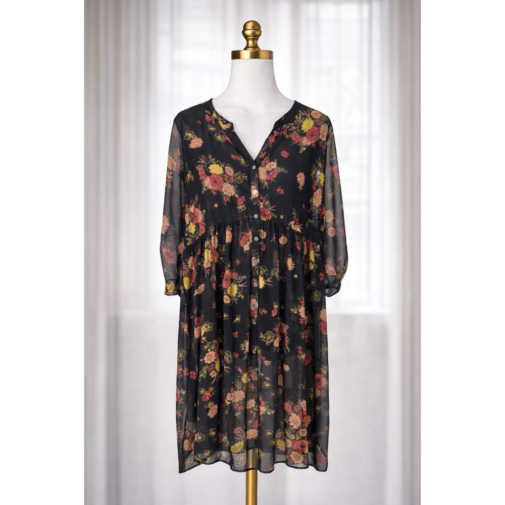 Torrid Burgundy Black Floral Chiffon Sheer‎ Empire Waist Blouse Duster Top 2 2x